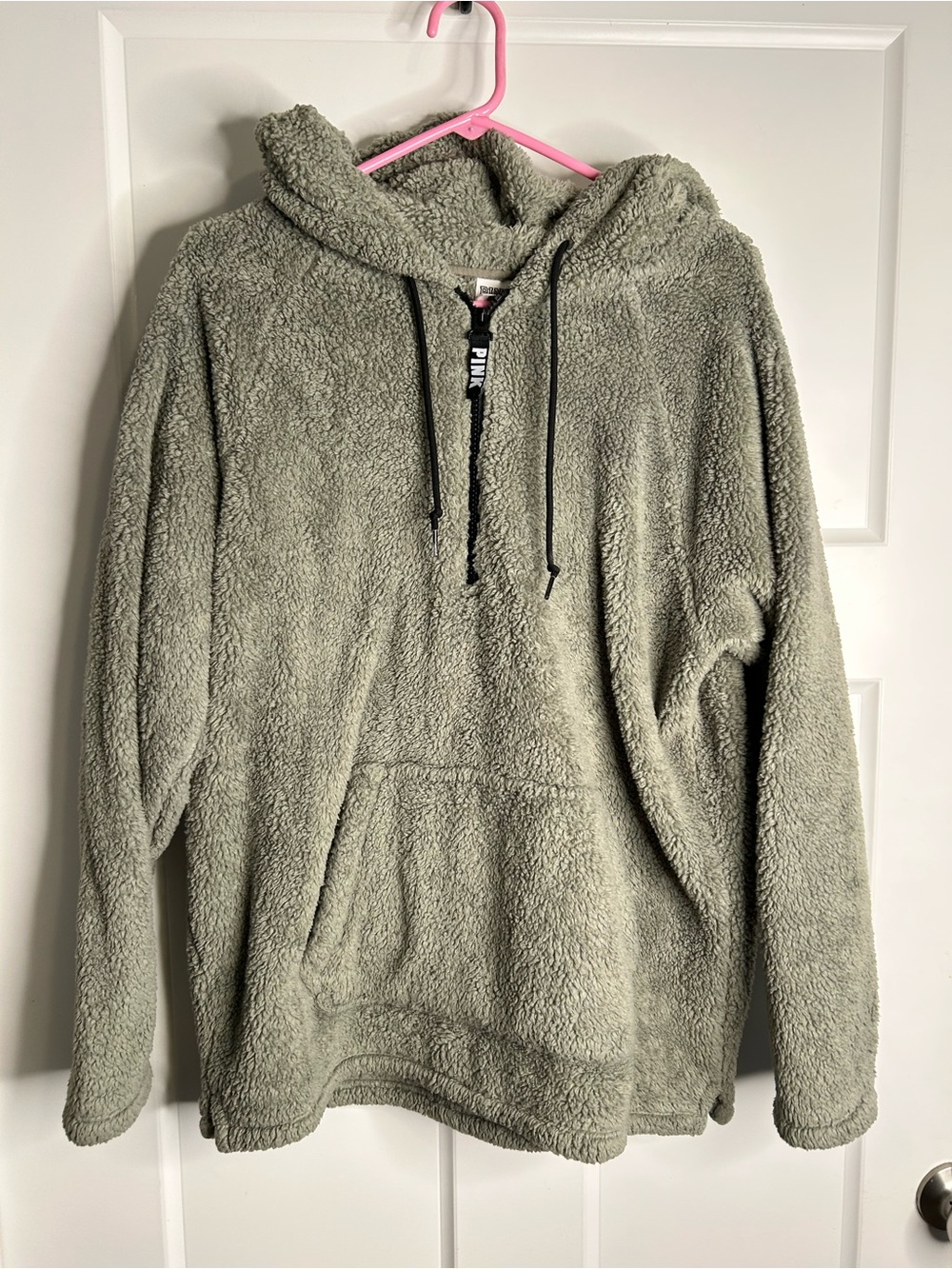 Victorias Secret Pink High Pile Fleece Size M 1/4 Zip Green Teddy Pullover 3405